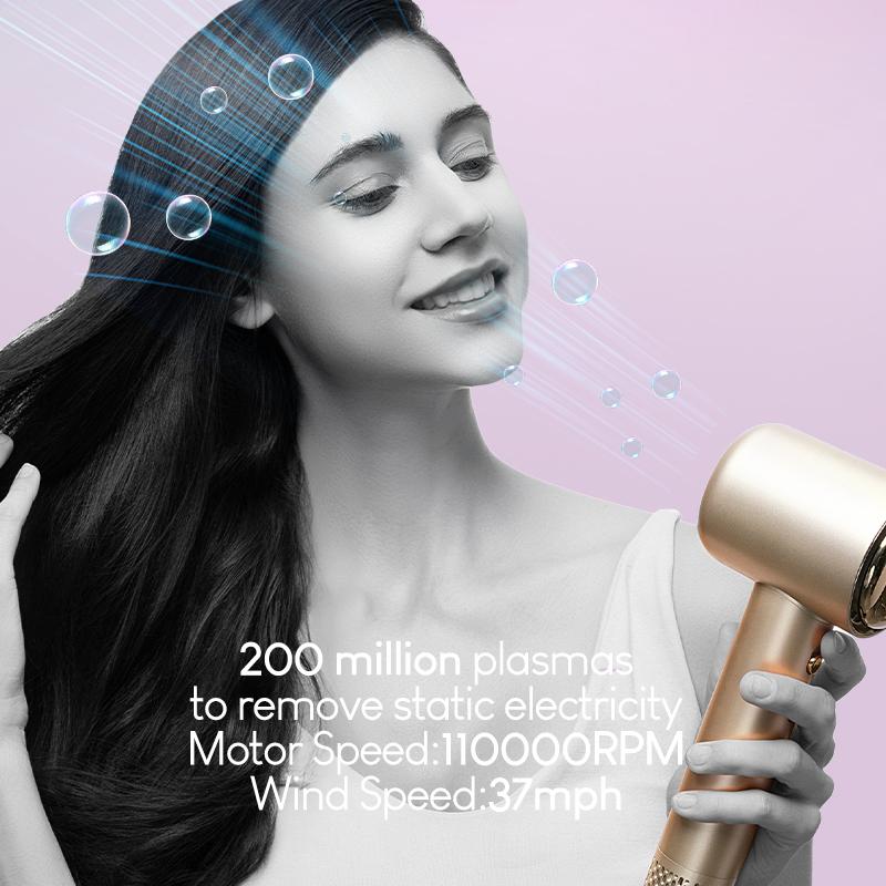 Evania - Aura High Seed Plasma Hair Dryer in gold used by a woman, highlighting 200 million plasma ions, 110000 RPM motor, and 37mph airflow.
