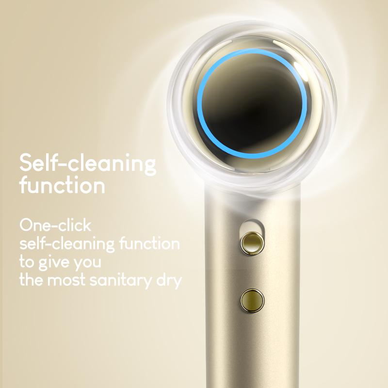 Close-up of Evania - Aura High Seed Plasma Hair Dryer in gold showing self-cleaning button feature for hygienic and easy maintenance.