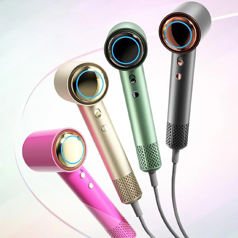 Evania - Aura High Seed Plasma Hair Dryer in pink, gold, green, and black variants showcasing stylish color options for personal hair care.