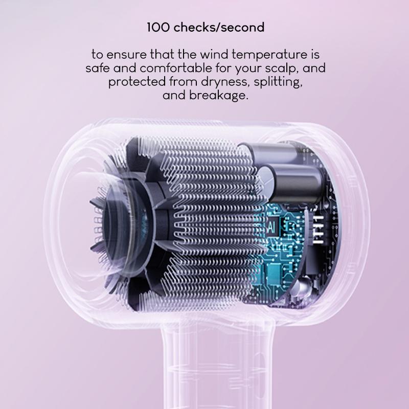 Internal view of Evania - Aura High Seed Plasma Hair Dryer showing advanced temperature control system with 100 checks per second for scalp safety.