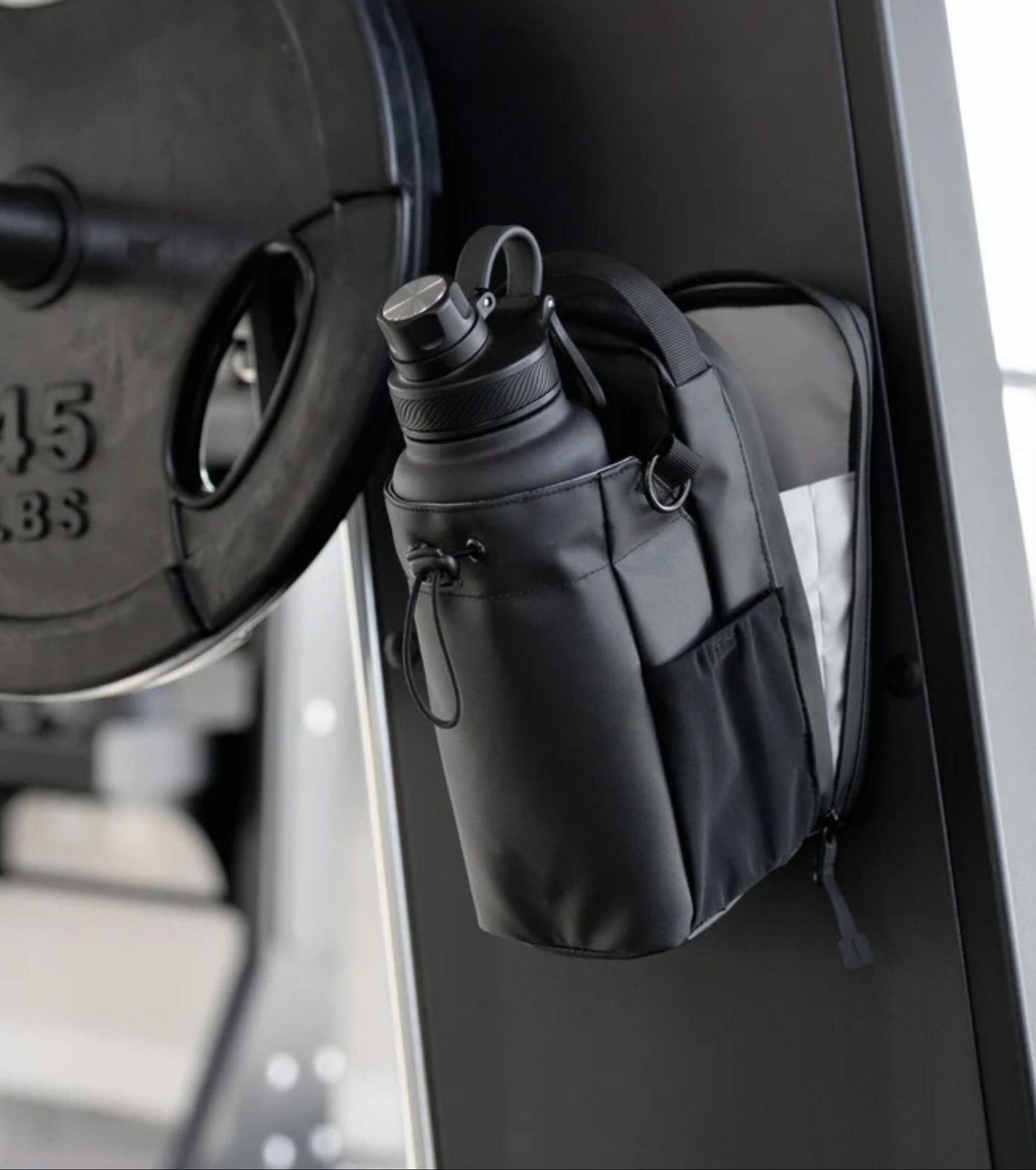 Side Pockets View:
"Evania Magnetic Gym Bag with water bottle in side pocket"