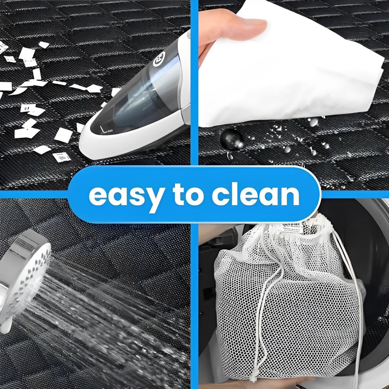 Straps and Non-Slip Backing:
"Adjustable straps and anti-slip backing on EvaniaSeat dog car protector for secure fit"