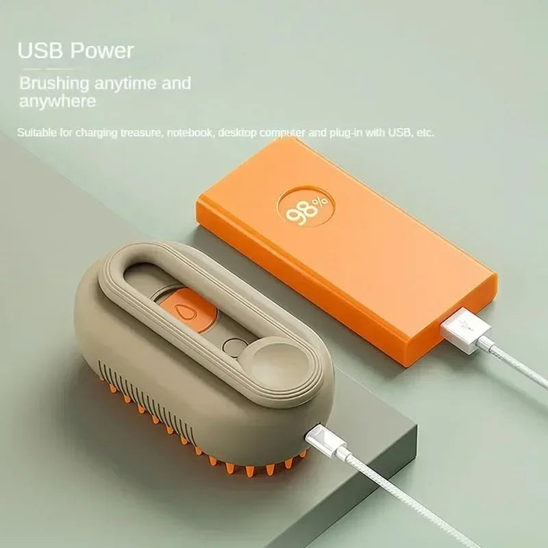 Electric Dog Brush with USB charging capability shown connected to power bank. Enables portable and convenient pet grooming.