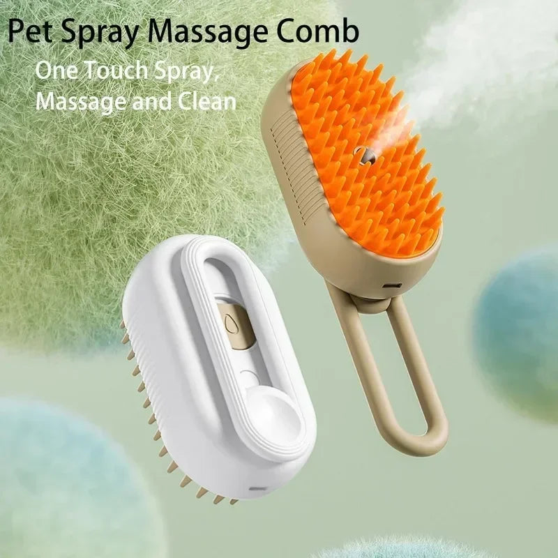 Electric Dog Brush with spray feature for massage and cleaning. Dual-color design enhances pet grooming efficiency and comfort.
