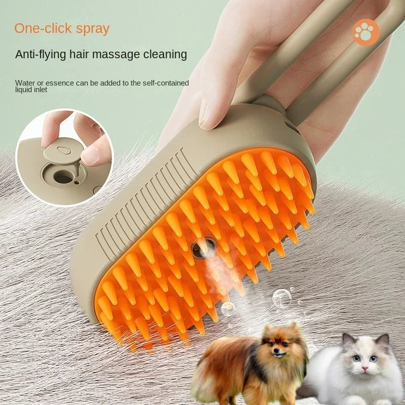 Electric Dog Brush with one-click spray function for anti-flying hair grooming. Perfect for massaging and cleaning pet fur.