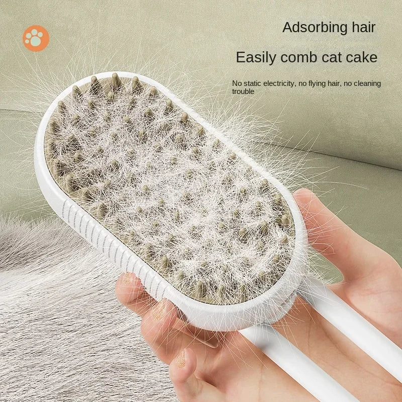 Electric Dog Brush in white showing hair collection on bristles. Designed to reduce static and capture loose pet fur easily.