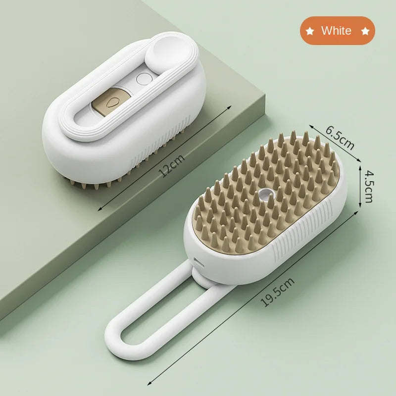 Electric Dog Brush in white with size dimensions and dual bristle design. Compact and ergonomic for easy pet grooming.
