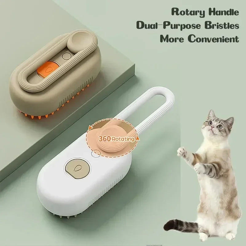 Electric Dog Brush with 360° rotating handle and dual-purpose bristles. Designed for versatile and efficient pet grooming.