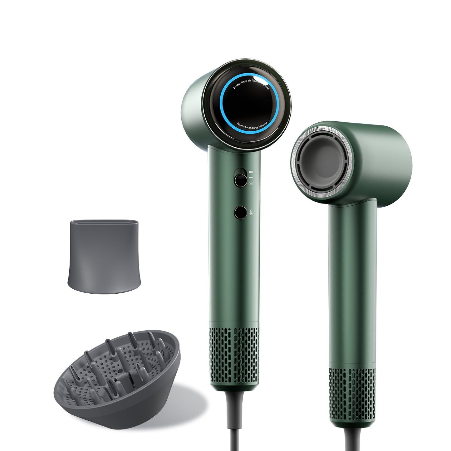 Evania - Aura High Seed Plasma Hair Dryer in metallic green with diffuser and concentrator attachments for versatile hair styling options.