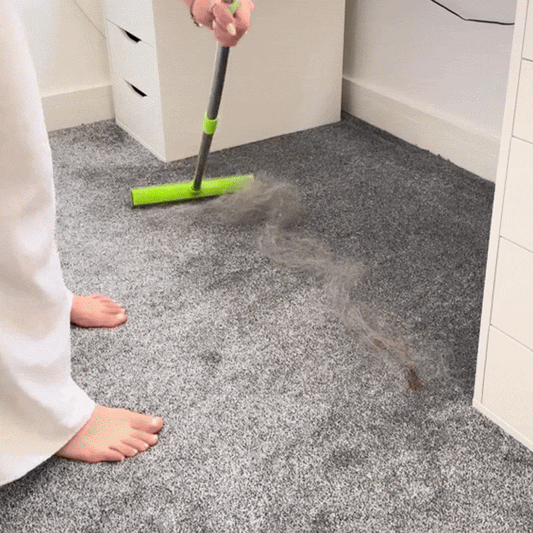 Evania - Pet Hair Removable Broom sweeping pet hair from carpet with ease, ideal for home cleaning in pet-friendly households.