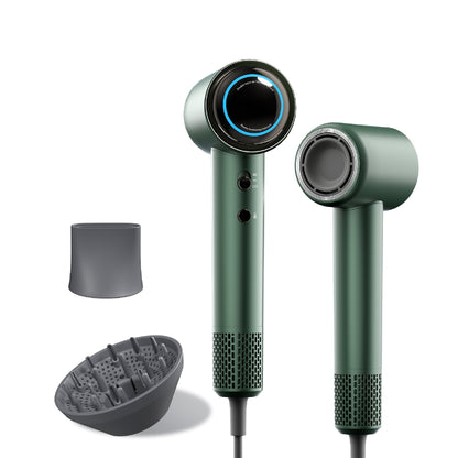 Evania - Aura High Seed Plasma Hair Dryer in metallic green with diffuser and concentrator attachments for versatile hair styling options.